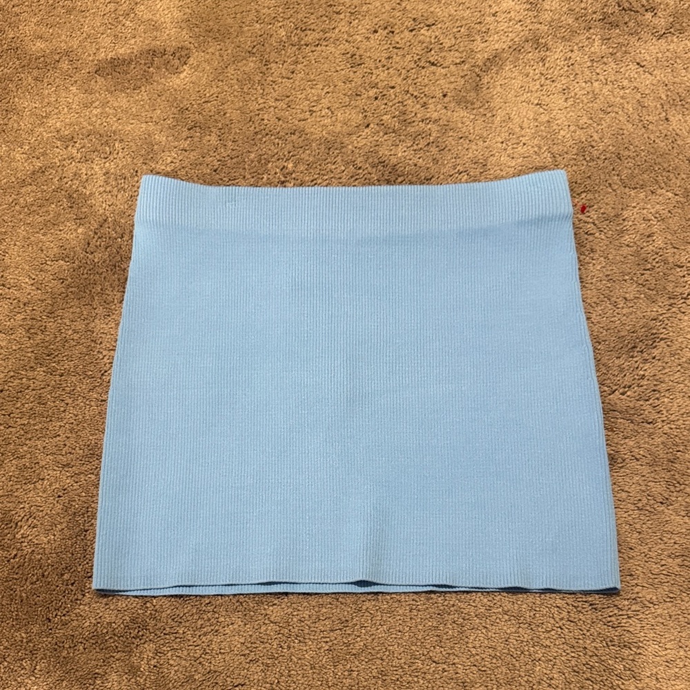 Zara Ribbed Knit Mini Skirt Sky Blue Bodycon Stretch Pull On SIZE M